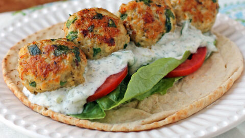 Greek Chicken Meatball Sandwich on a plate