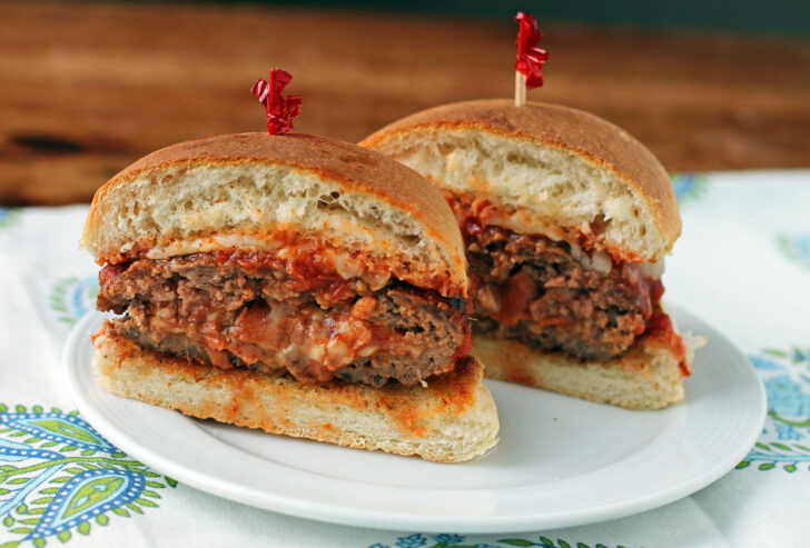 Stuffed Pizza Burgers cut open