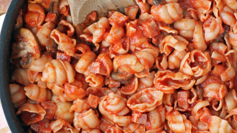 Creamy Tomato Pasta with Ham in the pan