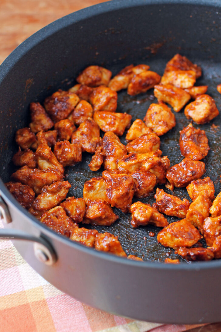 Spicy Buffalo Chicken Bites cooked in the pan