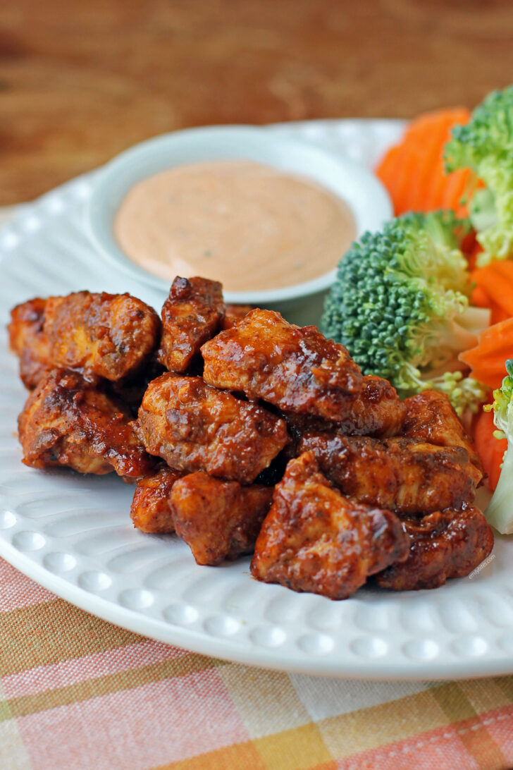 Saucy Barbecue Chicken Bites close up on a plate