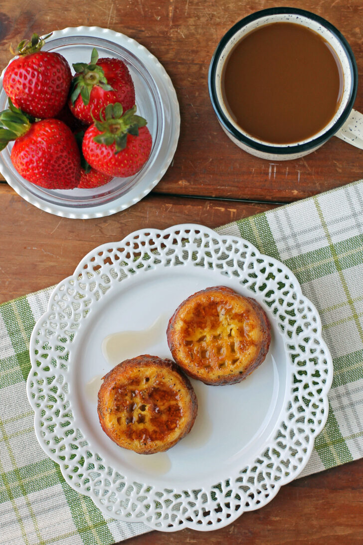 Waffle Bacon and Egg Cups plated overhead view