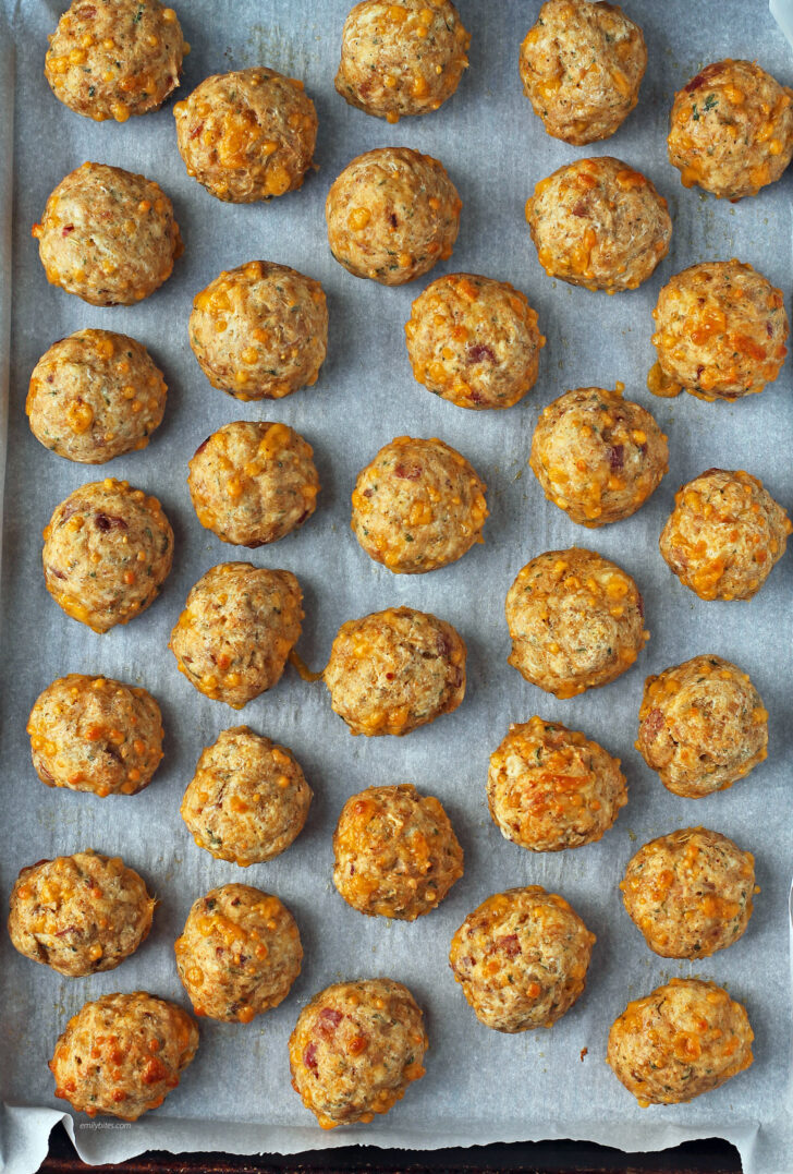 Maple Bacon Bisquick Sausage Balls on a baking sheet