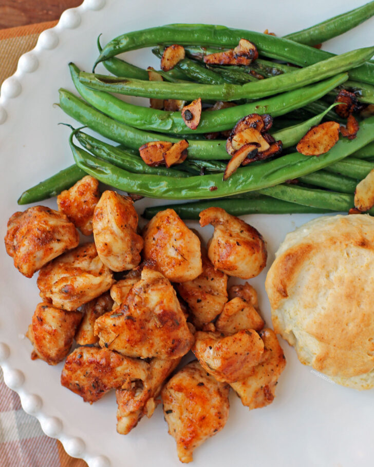 Kentucky Chicken Bites plated with green beans overhead