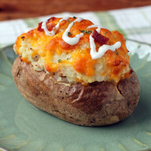 Chicken Bacon Ranch Stuffed Twice Baked Potato close up