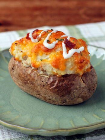 Chicken Bacon Ranch Stuffed Twice Baked Potato close up