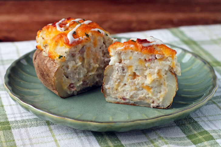 Chicken Bacon Ranch Stuffed Twice Baked Potato cut open