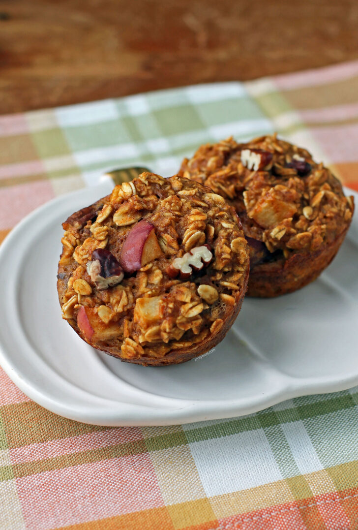 Two Pumpkin Apple Pecan Baked Oatmeal Singles on a plate