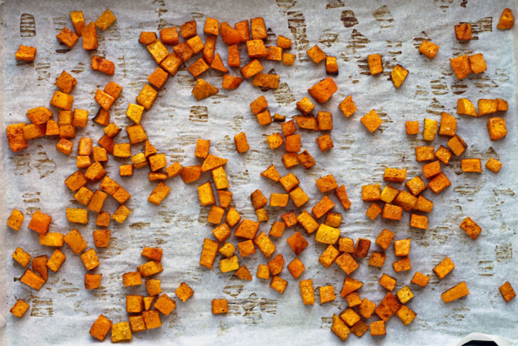 Roasted butternut squash on a pan